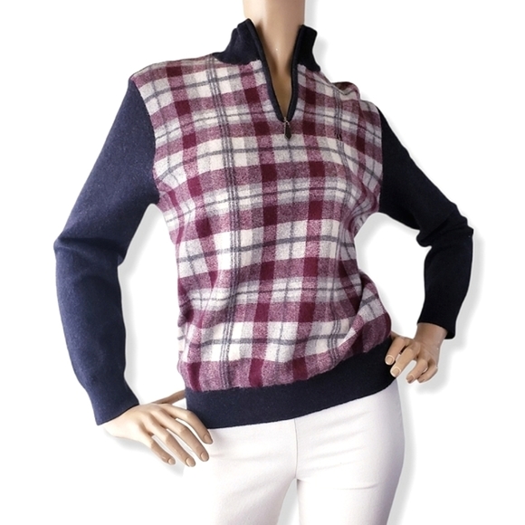 Rogatis Navy & Burgundy Plaid Quarter Zip Mock Collar Wool Sweater - Picture 1 of 8